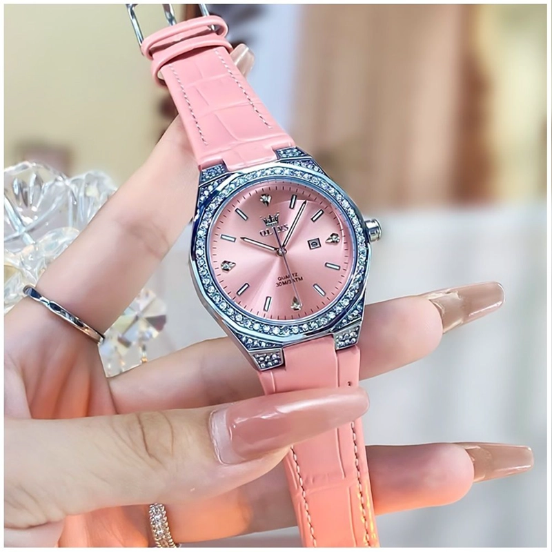 RELOJ DE CUARZO PARA MUJER CORREA DE CUERO ROSA ESFERA DE CRISTALES - 2