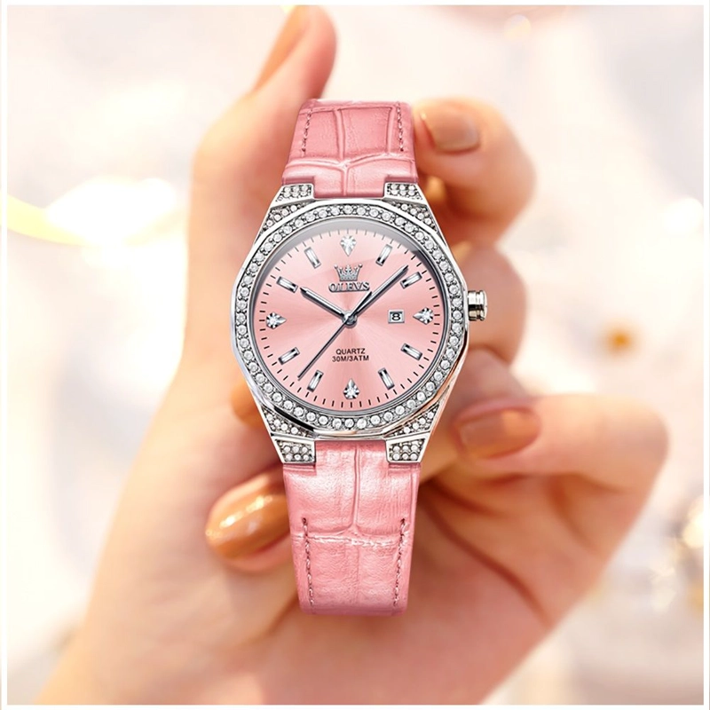 RELOJ DE CUARZO PARA MUJER CORREA DE CUERO ROSA ESFERA DE CRISTALES - 3