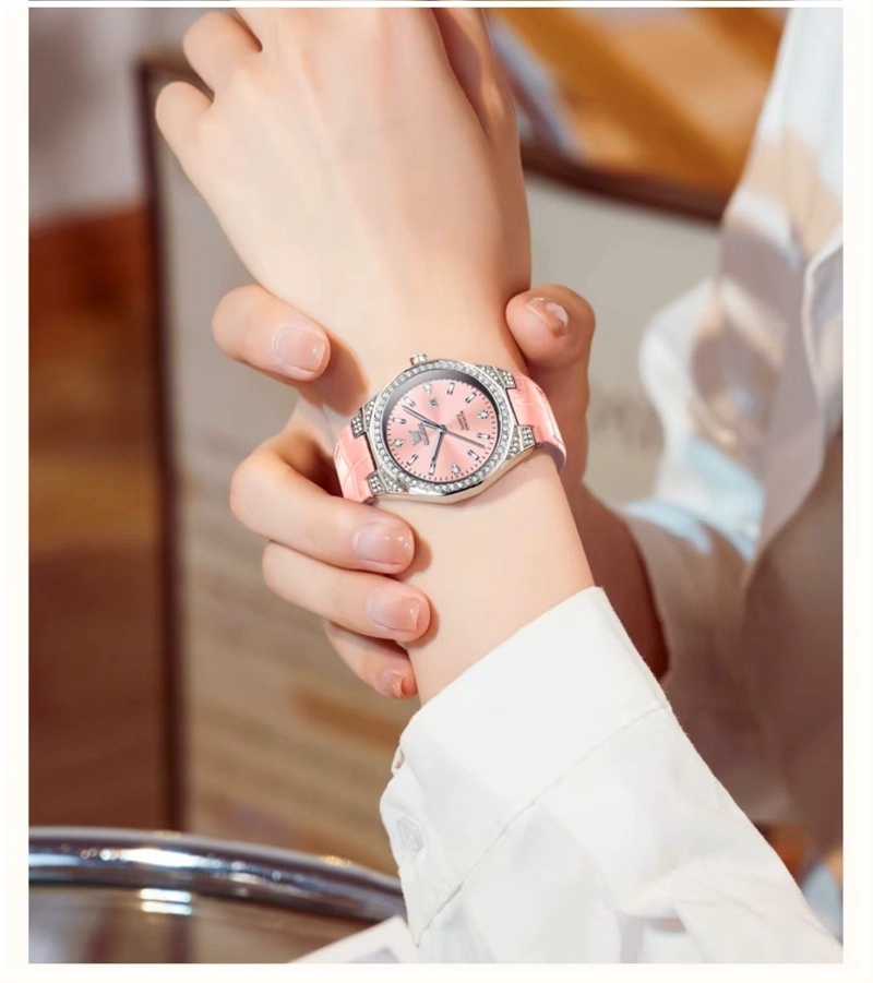 RELOJ DE CUARZO PARA MUJER CORREA DE CUERO ROSA ESFERA DE CRISTALES - 4