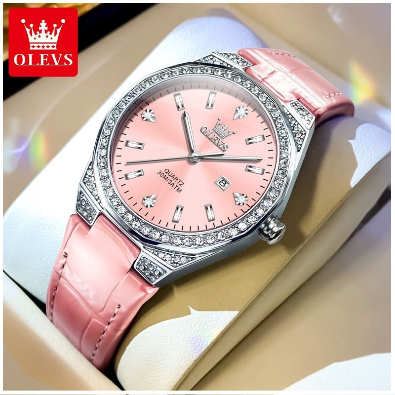 RELOJ DE CUARZO PARA MUJER CORREA DE CUERO ROSA ESFERA DE CRISTALES - 5