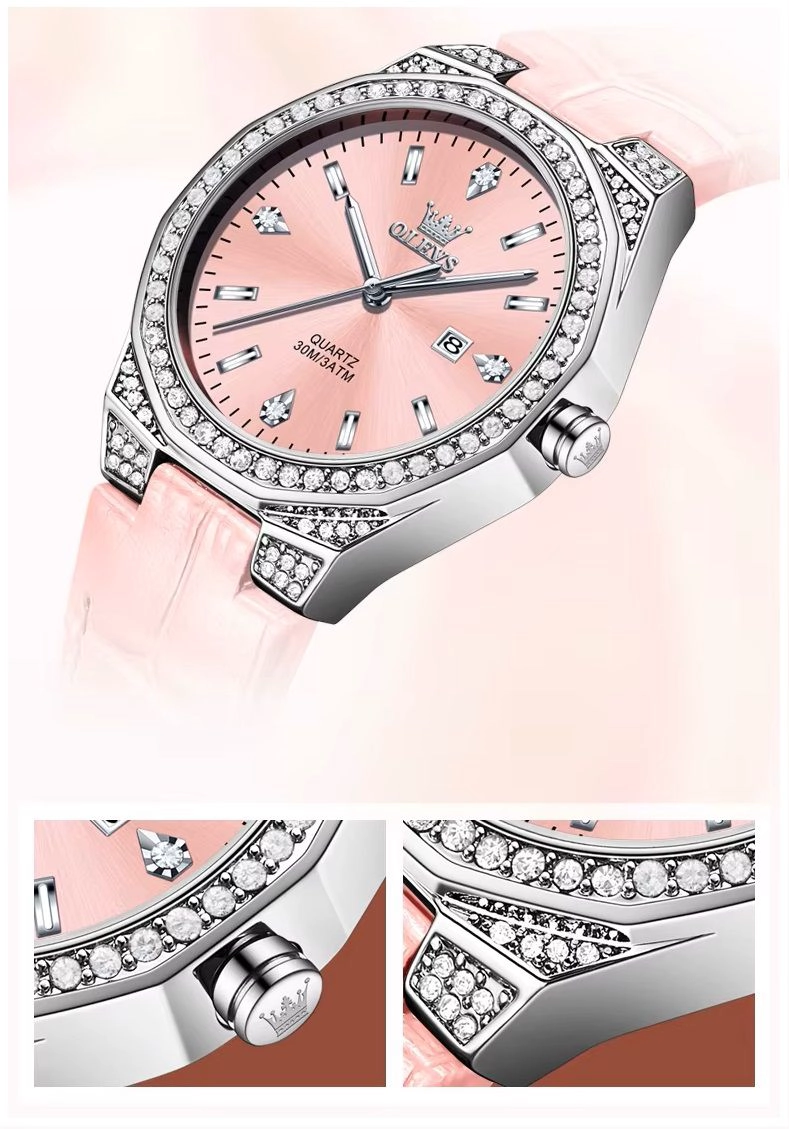 RELOJ DE CUARZO PARA MUJER CORREA DE CUERO ROSA ESFERA DE CRISTALES - 7
