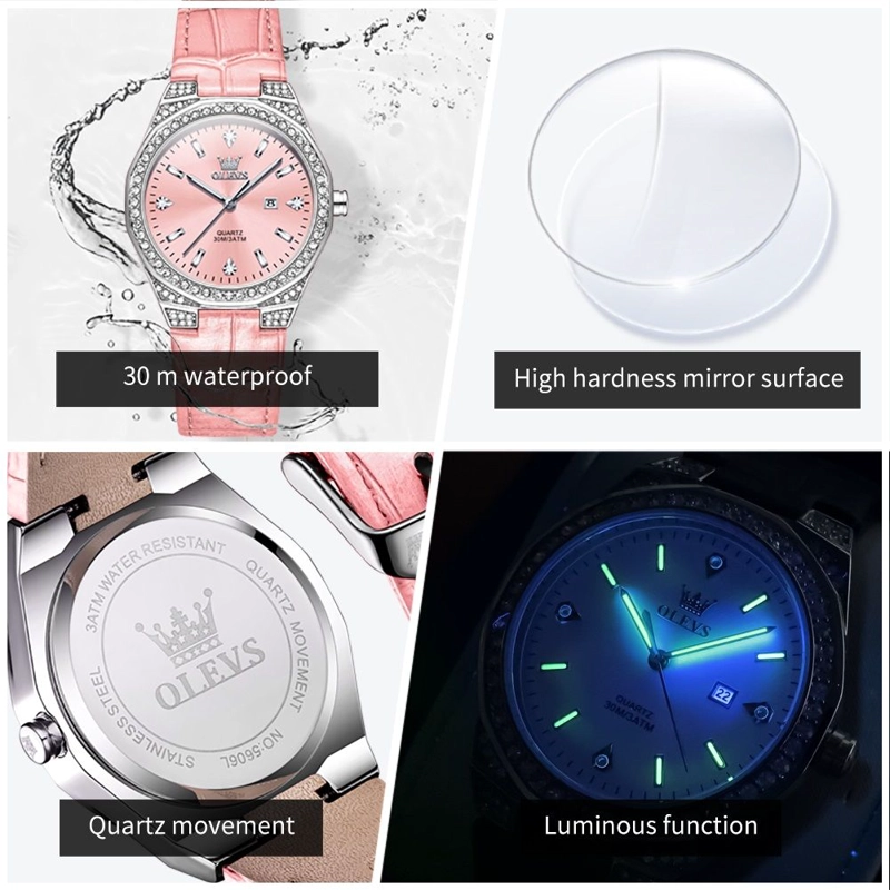 RELOJ DE CUARZO PARA MUJER CORREA DE CUERO ROSA ESFERA DE CRISTALES - 8