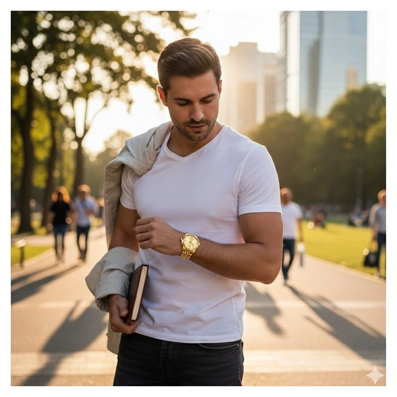 RELOJ DORADO DE ACERO INOXIDABLE PARA HOMBRE ESTILO LUJO Y DEPORTIVO - 6