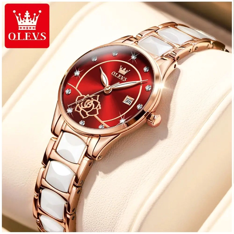 RELOJ DE PULSERA ELEGANTE PARA MUJER ESFERA ROJA CERAMICA BLANCA - 1