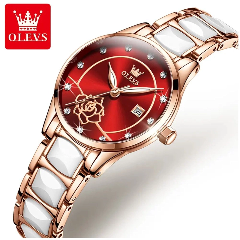 RELOJ DE PULSERA ELEGANTE PARA MUJER ESFERA ROJA CERAMICA BLANCA - 2