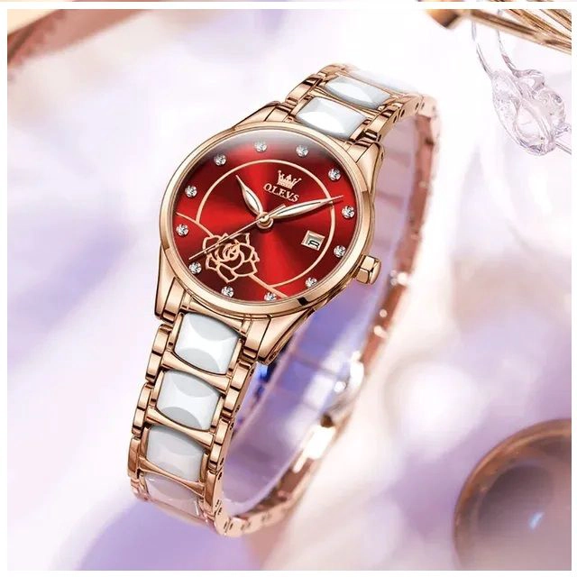 RELOJ DE PULSERA ELEGANTE PARA MUJER ESFERA ROJA CERAMICA BLANCA - 3