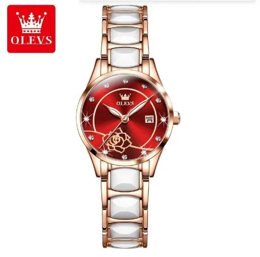 RELOJ DE PULSERA ELEGANTE PARA MUJER ESFERA ROJA CERAMICA BLANCA - 4