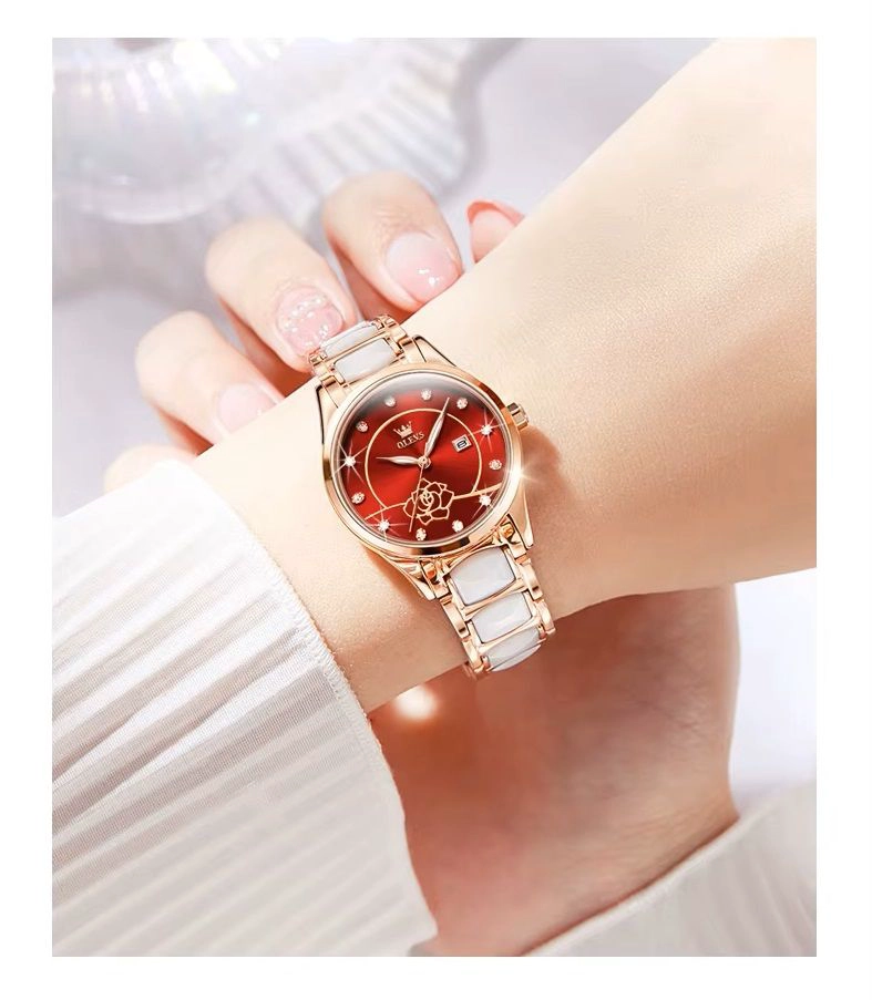 RELOJ DE PULSERA ELEGANTE PARA MUJER ESFERA ROJA CERAMICA BLANCA - 7