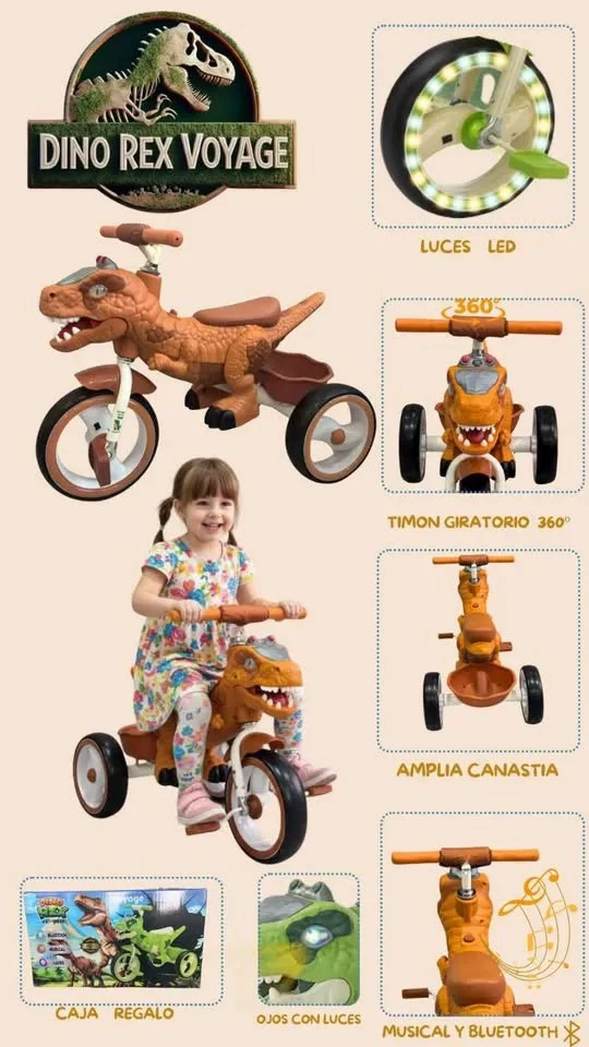 TRICICLO INFANTIL DINO REX CON LUZ Y BLUETOOTH COFE - 3