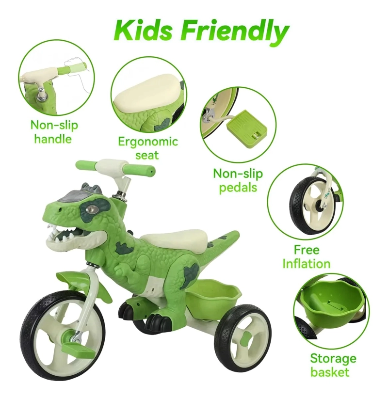 TRICICLO INFANTIL DINO REX CON LUZ Y BLUETOOTH GREEN - 3