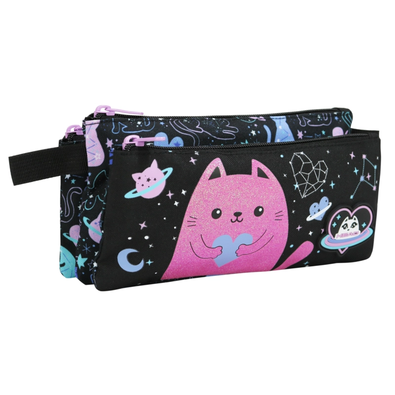 ESTUCHE INFANTIL TRIPLE CELERIO SPACE CAT NEGRO HEAD - 1