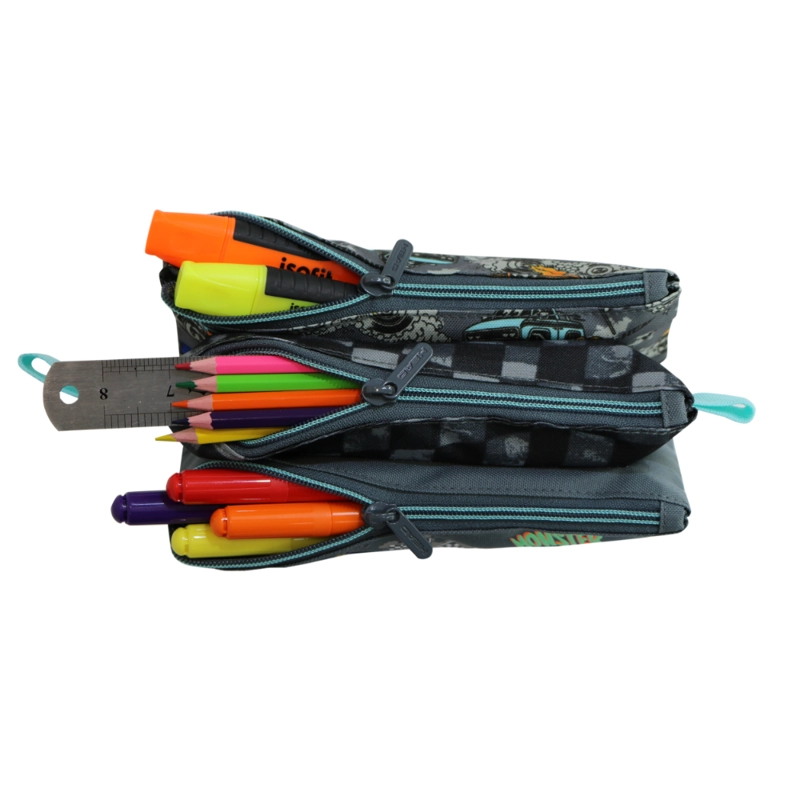 ESTUCHE INFANTIL TRIPLE CELERIO MONSTER TRUCK GRIS HEAD - 4