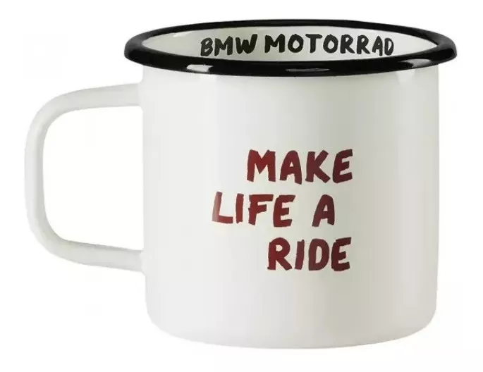 TAZA ESMALTADA MAKE LIFE A RIDE BLANCA ORIGINAL BMW - 1
