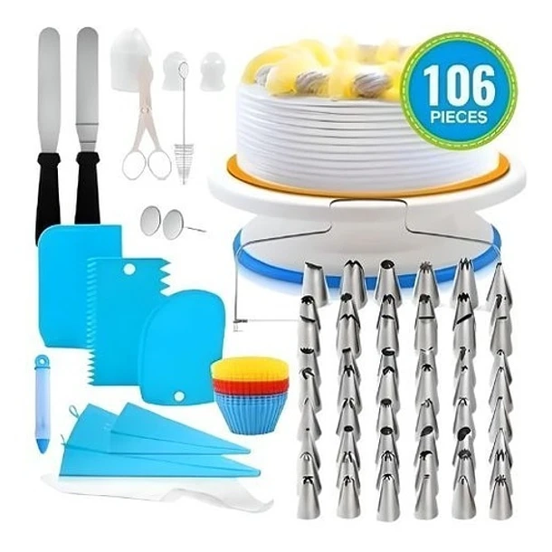 SET DE DECORACION DE TORTAS 106 PIEZAS BASE GIRATORIA 360° - 1