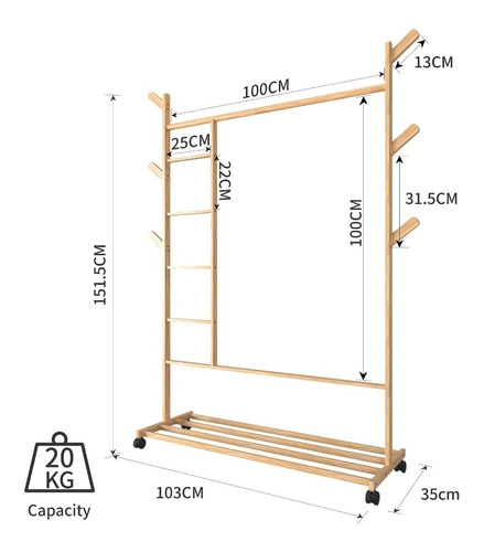 PERCHERO 100 CM DE BAMBOO CON RUEDAS ORGANIZADOR - 4