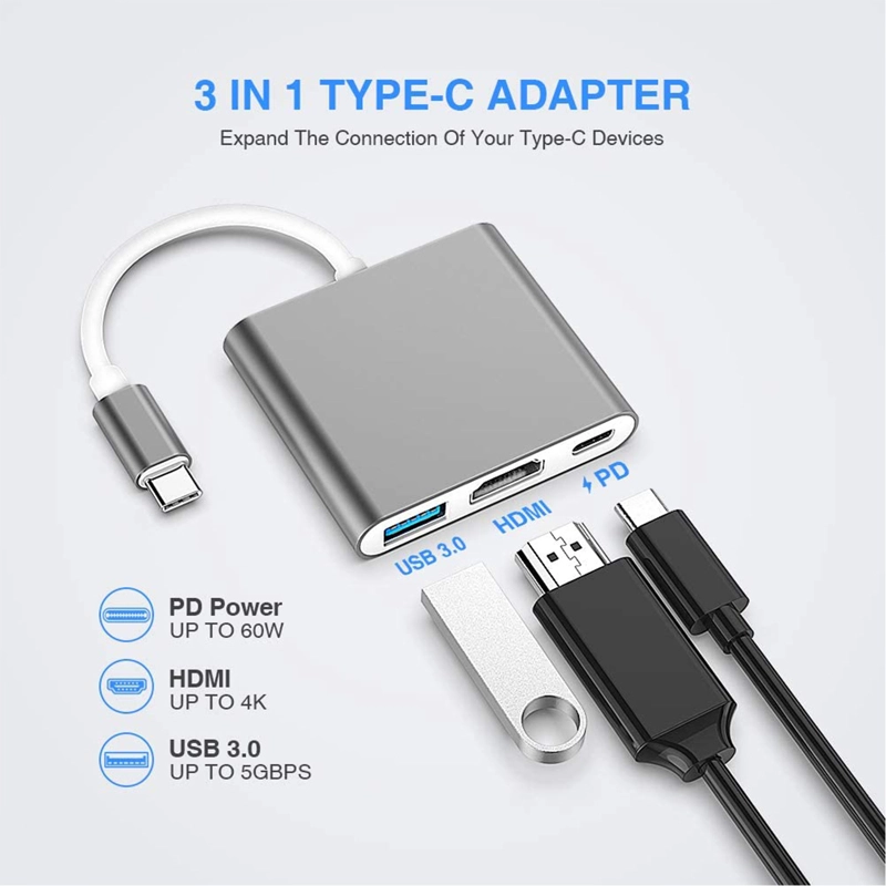 ADAPTADOR MULTIPUERTO 3 EN 1 USB TIPO C 3.0 A HDMI 4K - 4