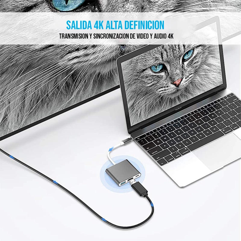 ADAPTADOR MULTIPUERTO 3 EN 1 USB TIPO C 3.0 A HDMI 4K - 5
