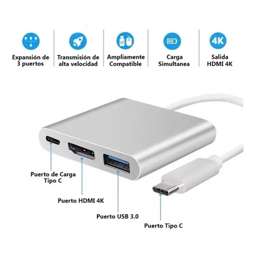 ADAPTADOR MULTIPUERTO 3 EN 1 USB TIPO C 3.0 A HDMI 4K - 7