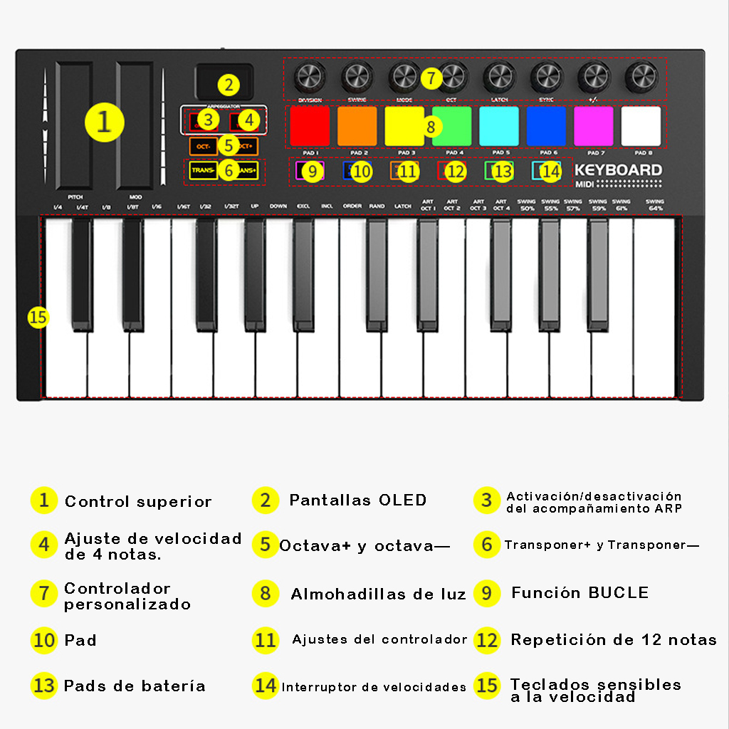 TECLADO CRUSEC MIDI 25 TECLAS CONTROLADOR MUSICAL PIANO USB - 6