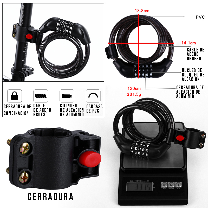 CANDADO CRUSEC BICICLETA CLAVE SEGURIDAD BLOQUEO ANTIRROBO 120 CM - 4