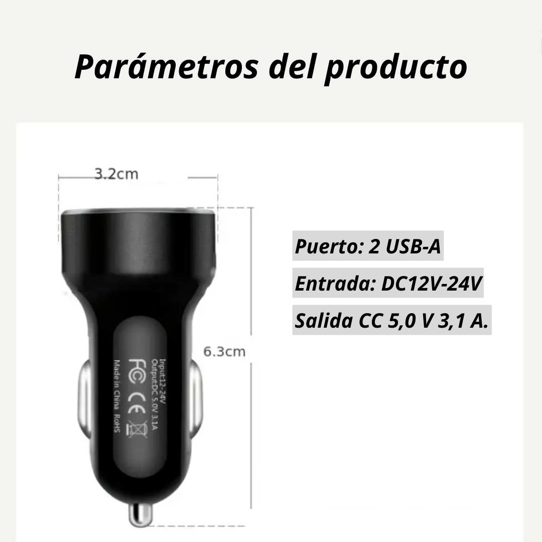CARGADOR ADAPTADOR AUTOMOVIL USB DOBLE ENTRADA 12-24V 3.1A - 3