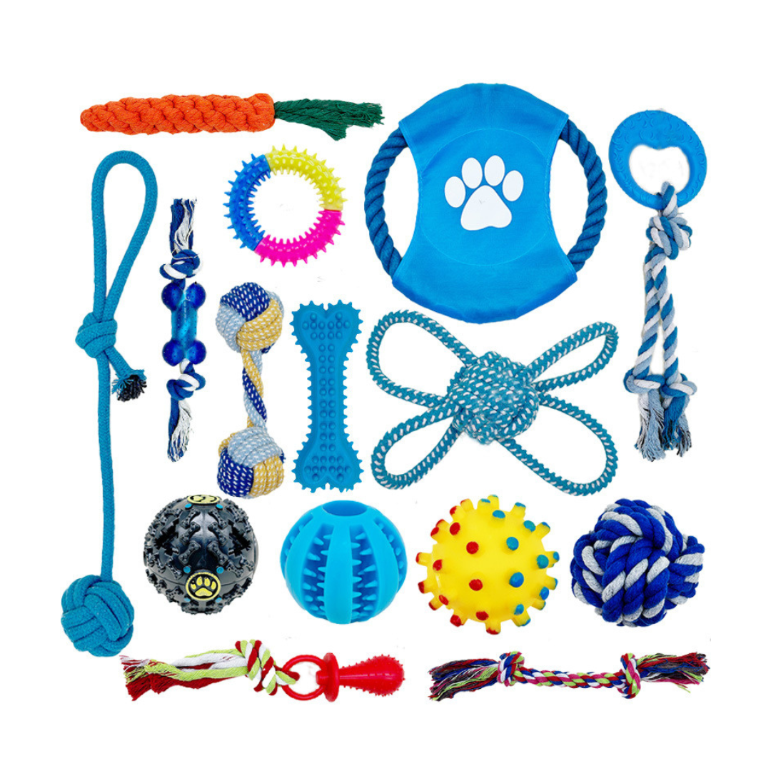 SET PERROS CRUSEC 15 JUGUETES MASCOTAS ANTIESTRÉS PELOTA CUERDA GOMA - 1