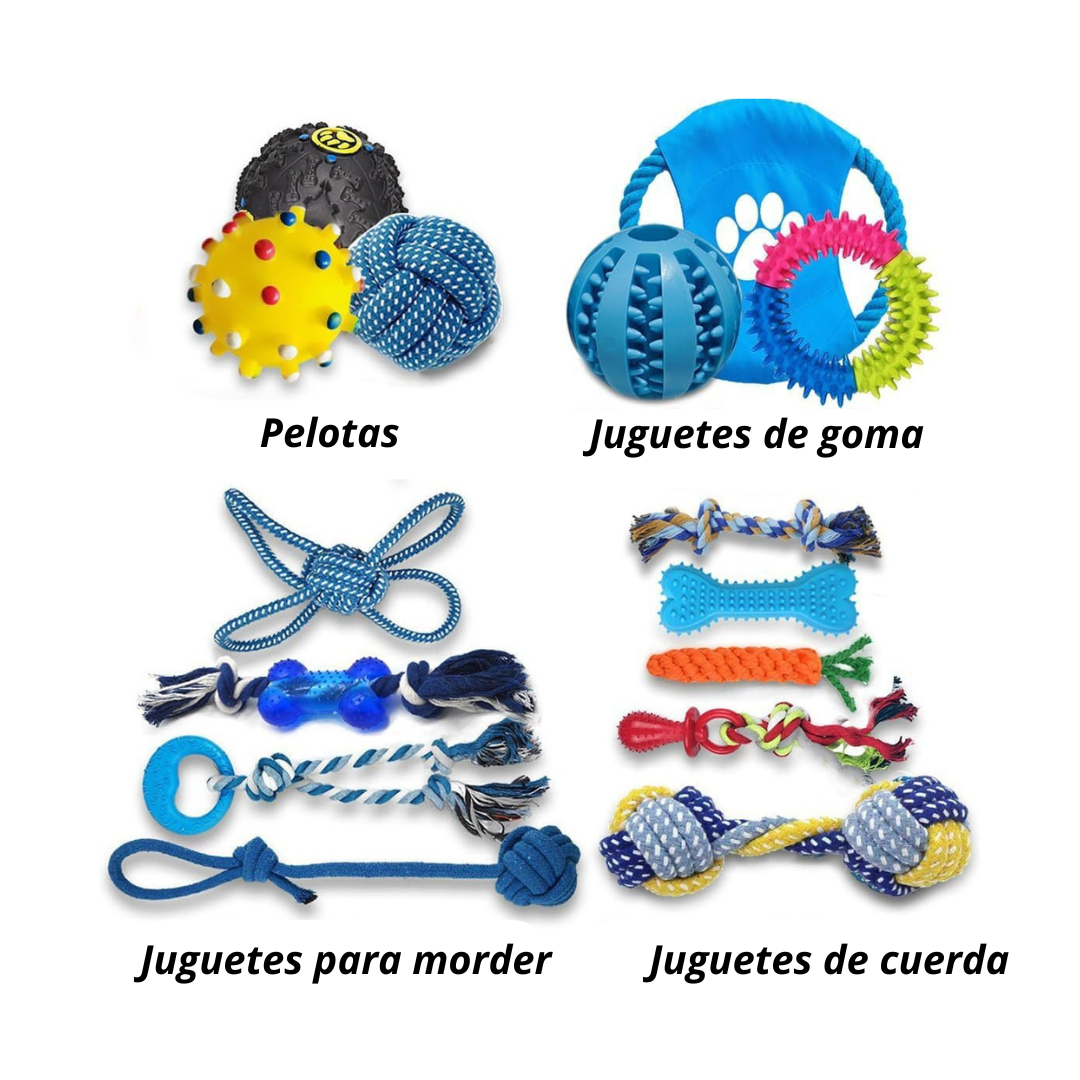 SET PERROS CRUSEC 15 JUGUETES MASCOTAS ANTIESTRÉS PELOTA CUERDA GOMA - 3
