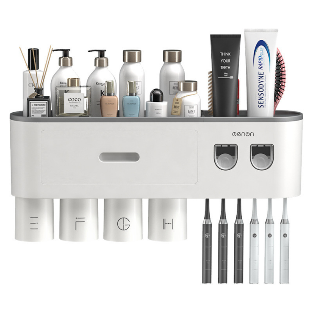 DISPENSADOR PASTA DENTAL PORTA CEPILLOS DE PARED 4 TAZAS - 1