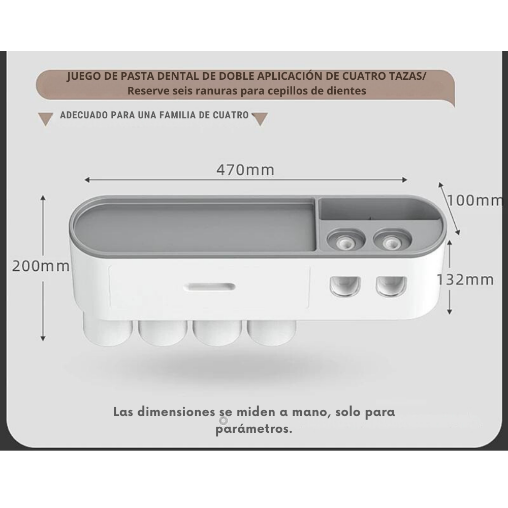 DISPENSADOR PASTA DENTAL PORTA CEPILLOS DE PARED 4 TAZAS - 2