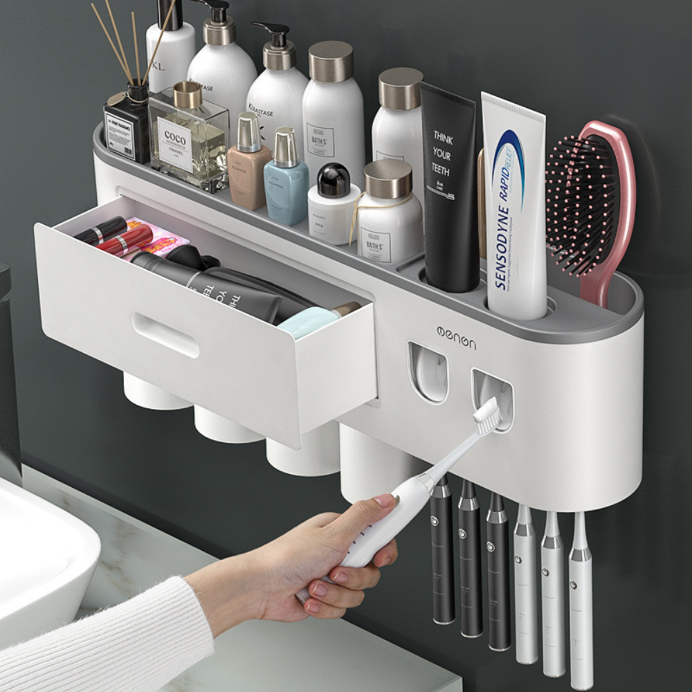 DISPENSADOR PASTA DENTAL PORTA CEPILLOS DE PARED 4 TAZAS - 3