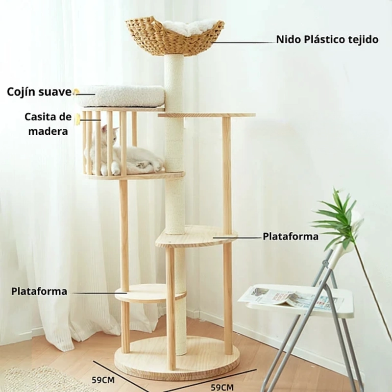 RASCADOR MADERA GATO M1 CRUSEC TIPO TORRE CON CASA ELEGANTE BEIGE - 5