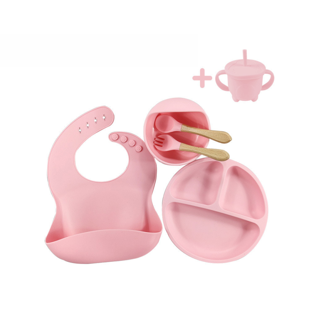 PLATO CRUSEC BEBE SILICONA JUEGO 6 PIEZAS LAVABLE ROSA