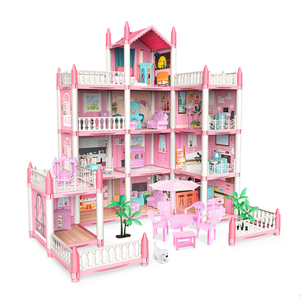 CASA DE MUÑECAS CASTILLO ROSA CON MUEBLE Y DECORACIONES DYI - 1