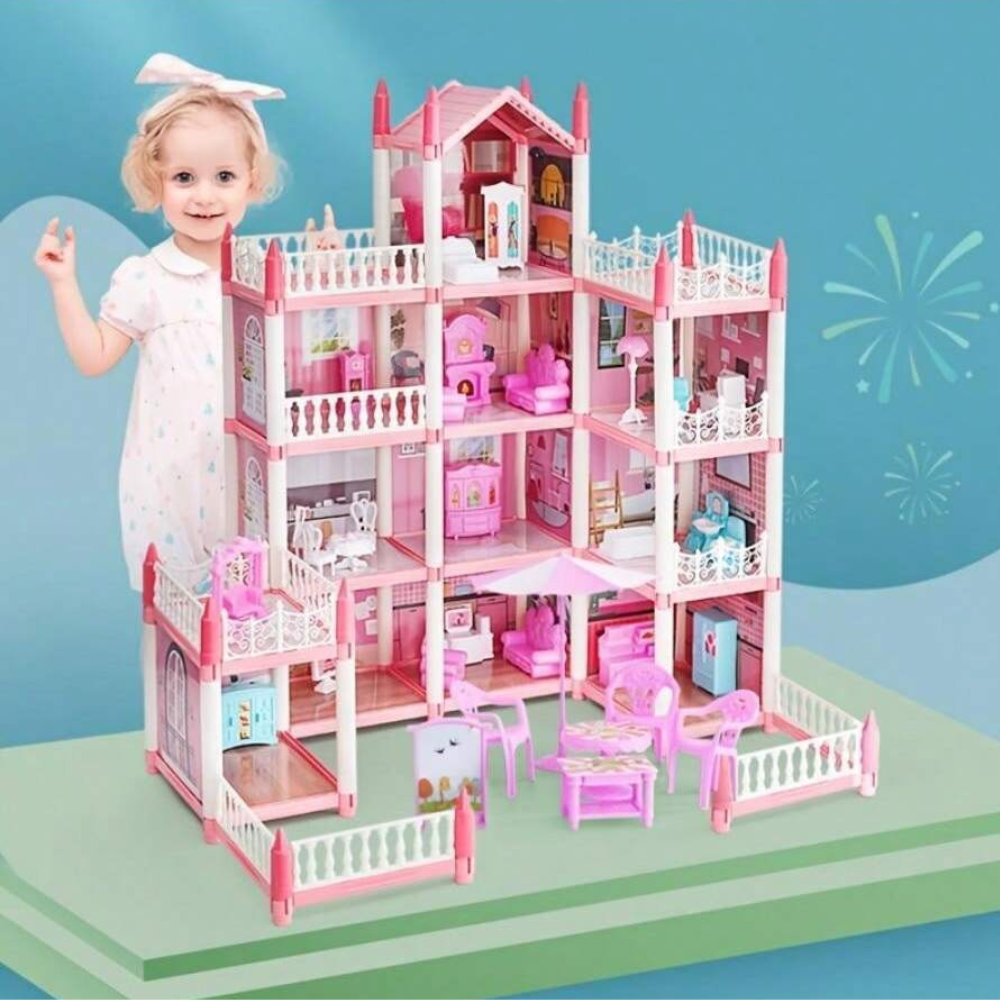CASA DE MUÑECAS CASTILLO ROSA CON MUEBLE Y DECORACIONES DYI - 3