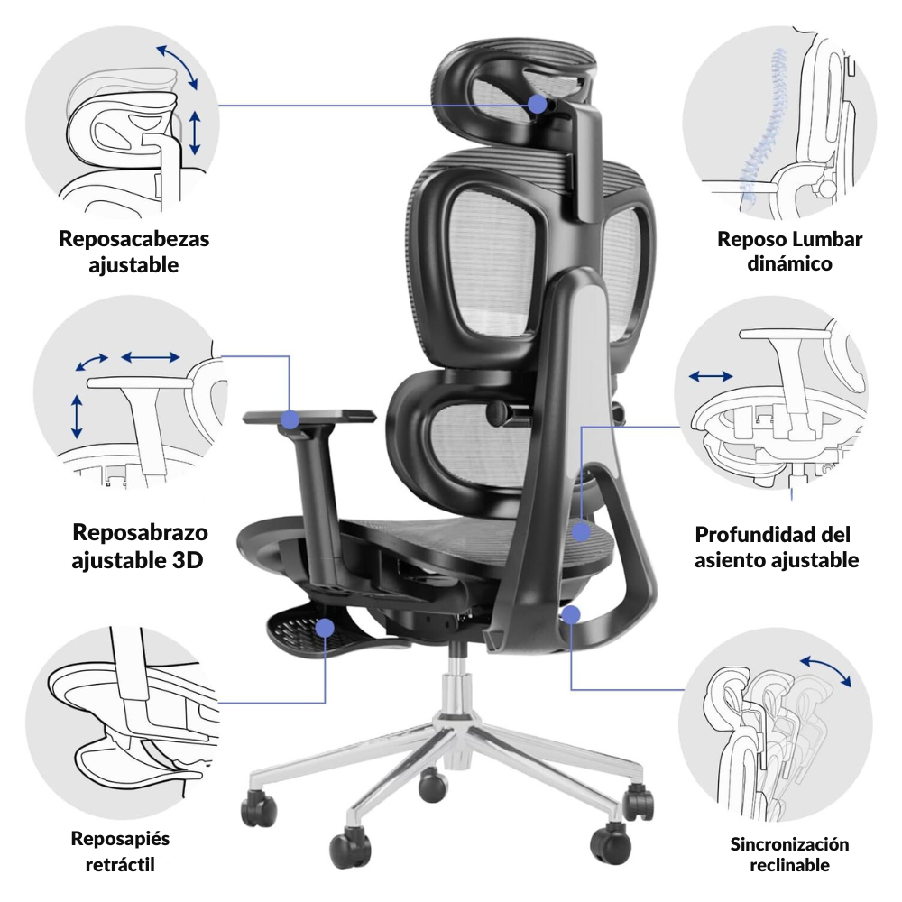 SILLA OFICINA CRUSEC M1 METAL GRIS ÉLITE ERGONÓMICA SOPORTE LUMBAR CERVICAL AJUSTABLE - 4