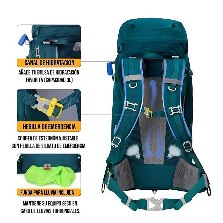 MOCHILA DE SENDERISMO CRUSEC M1 AZUL 65L MONTAÑISMO IMPERMEABLE Y LIVIANA - 4