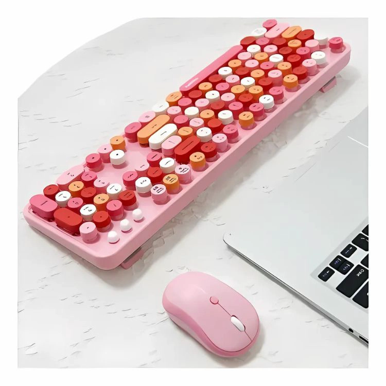 TECLADO + MOUSE INALÁMBRICO LAPIZ LABIAL RETRO MUJER - ROSADO - 3