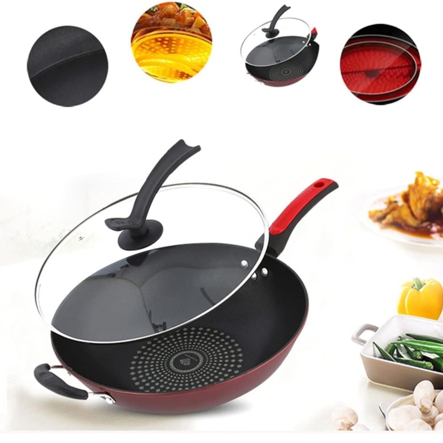 SARTÉN WOK DE COCINA CON TAPA 32 CM COCCION ANTIADHERENTE - 3