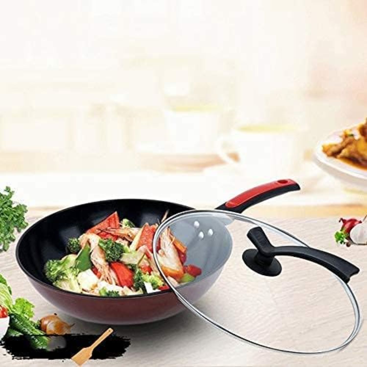 SARTÉN WOK DE COCINA CON TAPA 32 CM COCCION ANTIADHERENTE - 5