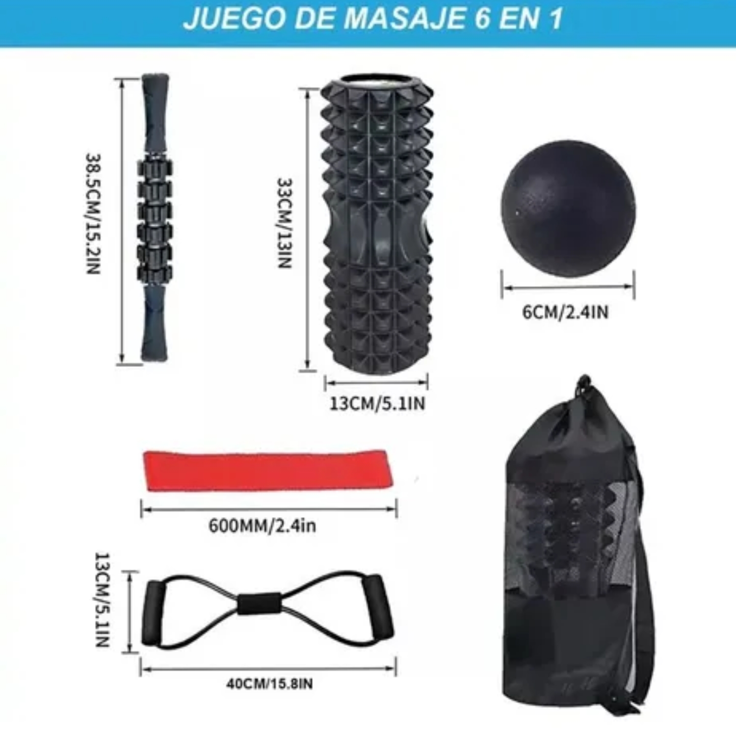 RODILLO MASAJE MUSCULAR KIT 6 PIEZAS YOGA PILATES ELONGACION - 2