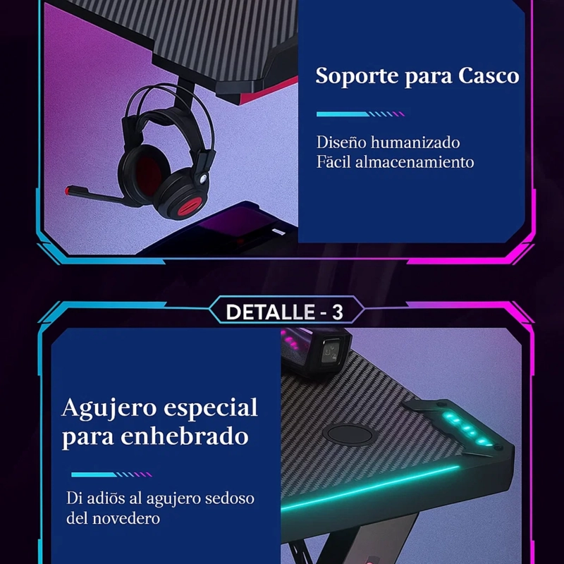 ESCRITORIO GAMER PROFESIONAL 140X60X74CM MESA CON LUCES RGB - 3