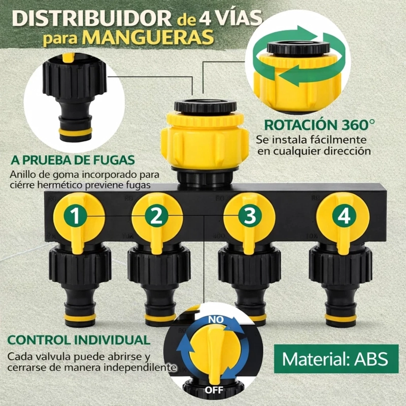 DIVISOR MANGUERA 4 SALIDAS ROSEFLOWER ADAPTADOR GRIFO RIEGO - 4