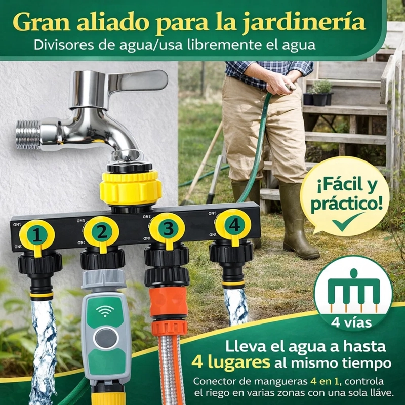 DIVISOR MANGUERA 4 SALIDAS ROSEFLOWER ADAPTADOR GRIFO RIEGO - 5