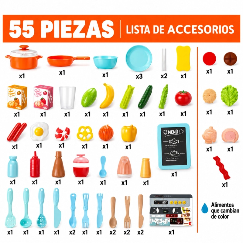 JUEGO DE COCINA CON LUCES Y SONIDOS 55 PIEZAS 63CMX45CM - 5