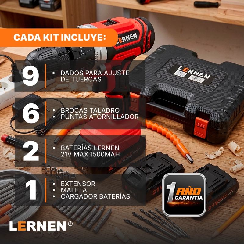 Taladro Percutor Inalámbrico LERNEN 21V + 2 Baterías + Acc - 4
