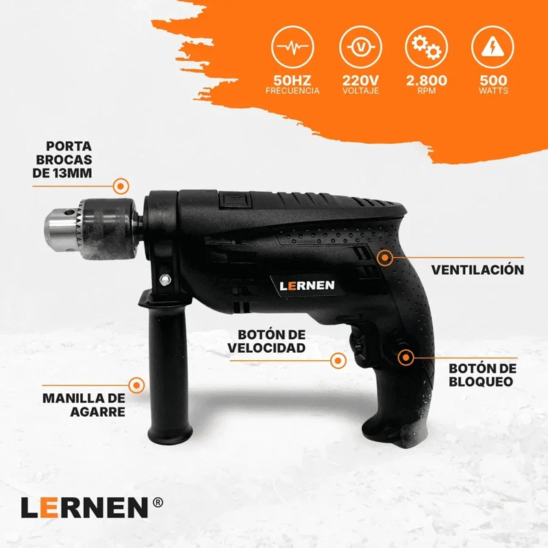 Taladro Percutor Eléctrico 13mm LERNEN + Accesorios - 2