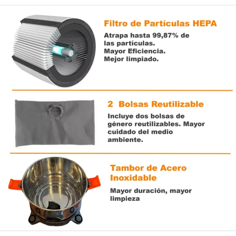 ASPIRADORA LERNEN MULTIFUNCION POLVO AGUA 15 LT 1400W METALICA - 6