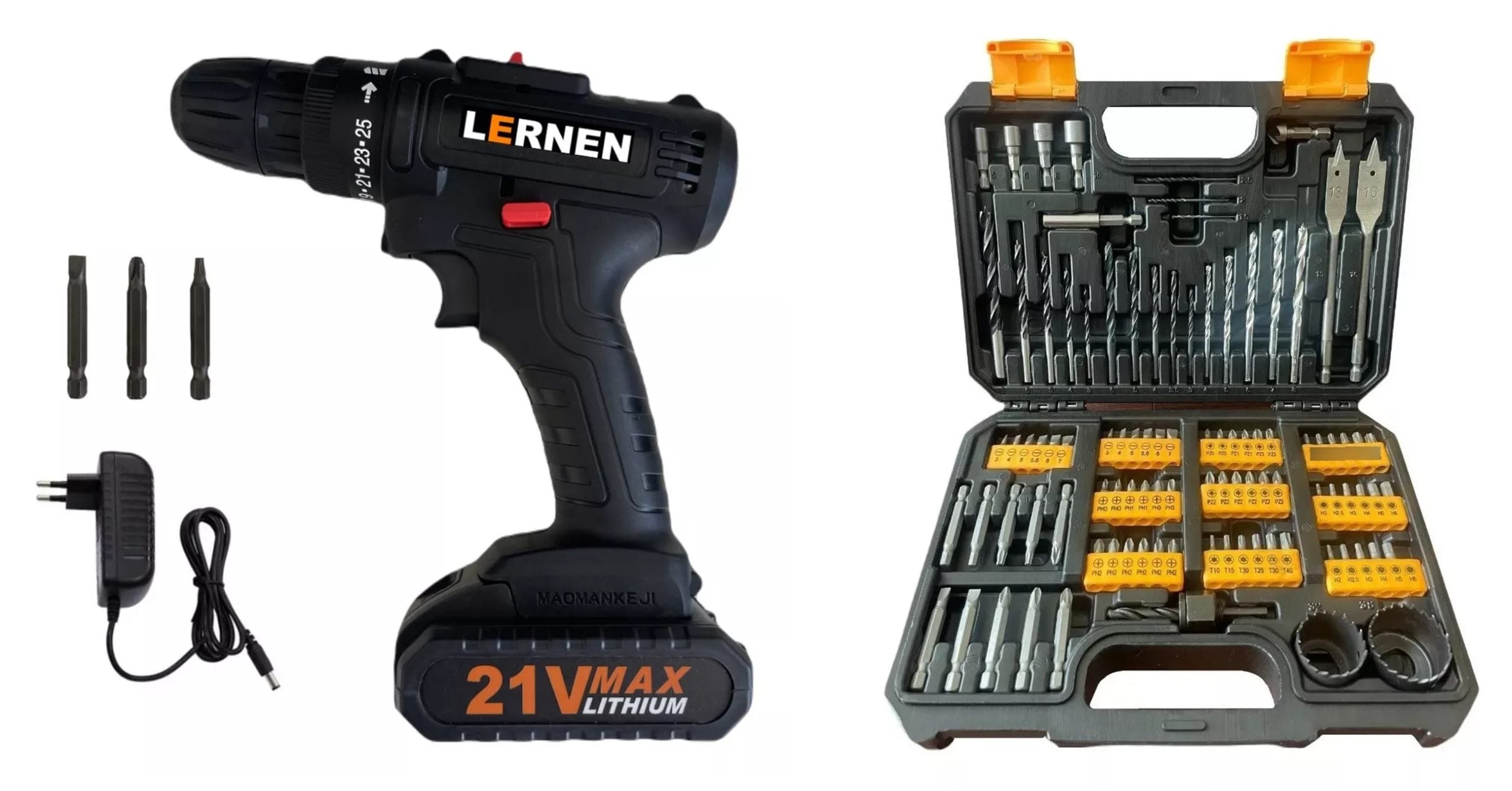 PACK LERNEN TIEC TALADRO INALAMBRICO 21 V + SET DE 99 BROCAS - 1