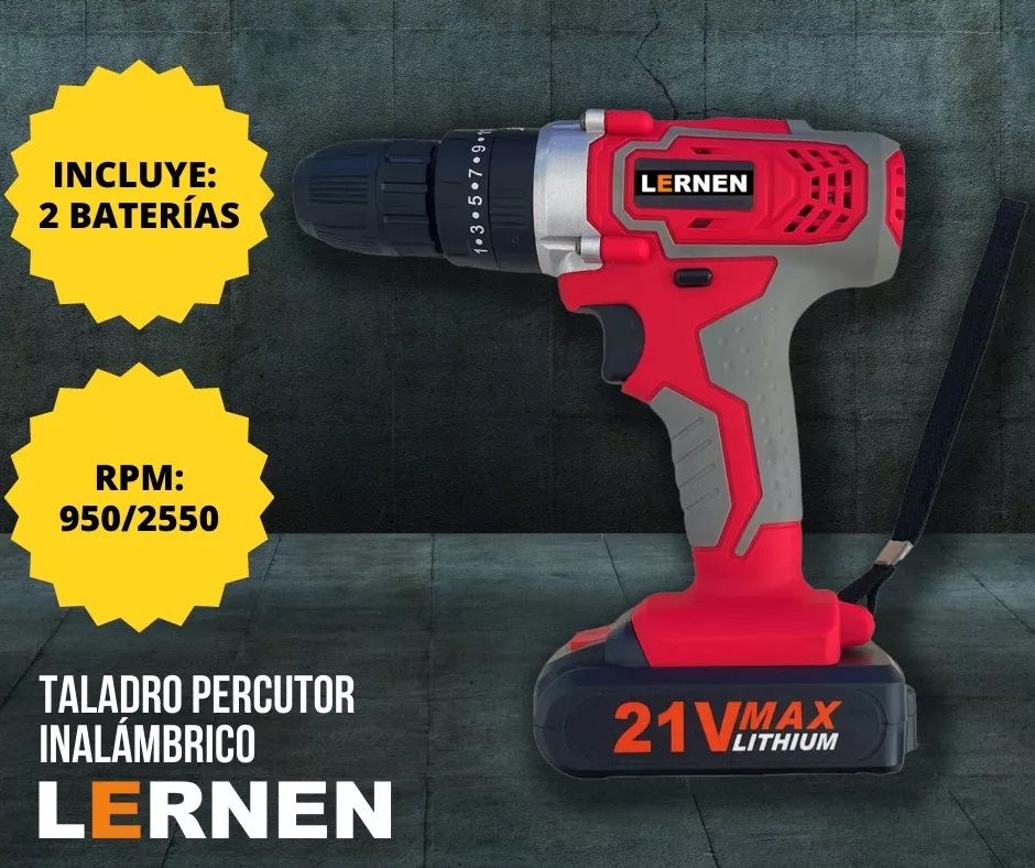 TALADRO INALAMBRICO LERNEN TIEC PERCUTOR 2 BATERIAS + SET DE 99 BROCAS - 2