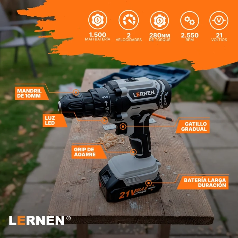 KIT LERNEN TI2BAT TALADRO DESTORNILLADOR INALAMBRICO 21 V 2 BATERIAS - 2
